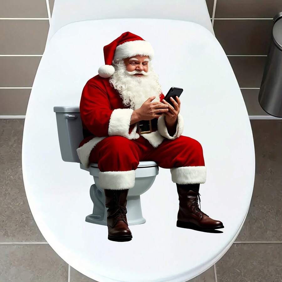 1pc Funny Santa Claus On Toilet Using Phone Decorative Toilet Sticker, For Home Bathroom And Public Toilet Decoration - A - View 1