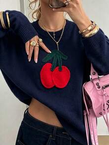 Sweater Wanita Warna Biru Tua dengan Bordir Tali 3D Motif Ceri, Lengan Panjang Longgar, Cocok untuk Kembali ke Sekolah, Musim Gugur/Dingin, Atasan Rajut - Navy Blue - View 10