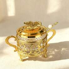 Gold Hollow Heart-Shaped Filigree Sugar Jar Set With Ginkgo Lid And Pearl Decorated Spoon, Detachable Transparent Glass Sugar Jar, Dual Handle Design, European Luxury Coffee Tea Sugar Jar, Suitable For Kitchen Countertop And Afternoon Tea Table Decoration - Gold - View 1