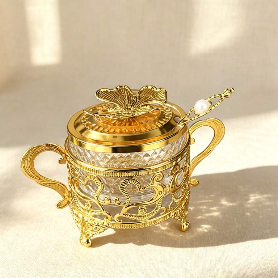 Gold Hollow Heart-Shaped Filigree Sugar Jar Set With Ginkgo Lid And Pearl Decorated Spoon, Detachable Transparent Glass Sugar Jar, Dual Handle Design, European Luxury Coffee Tea Sugar Jar, Suitable For Kitchen Countertop And Afternoon Tea Table Decoration - Gold - View 1