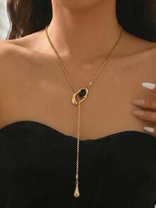1件極簡風女款Y型項鍊，時尚創意幾何水滴吊墜，圓蛇形金屬鍊條，可調節長項鍊，毛衣鍊，日常穿搭百搭飾品 - 金色 - 查看 2