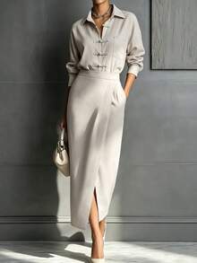 Women's Light Gray Non-Stretch 2 Pieces Set: Stand Collar Frog Button Long Sleeve Top + Long Skirt, Suitable For Daily, Office And Casual Occasions - Light Grey - View 7