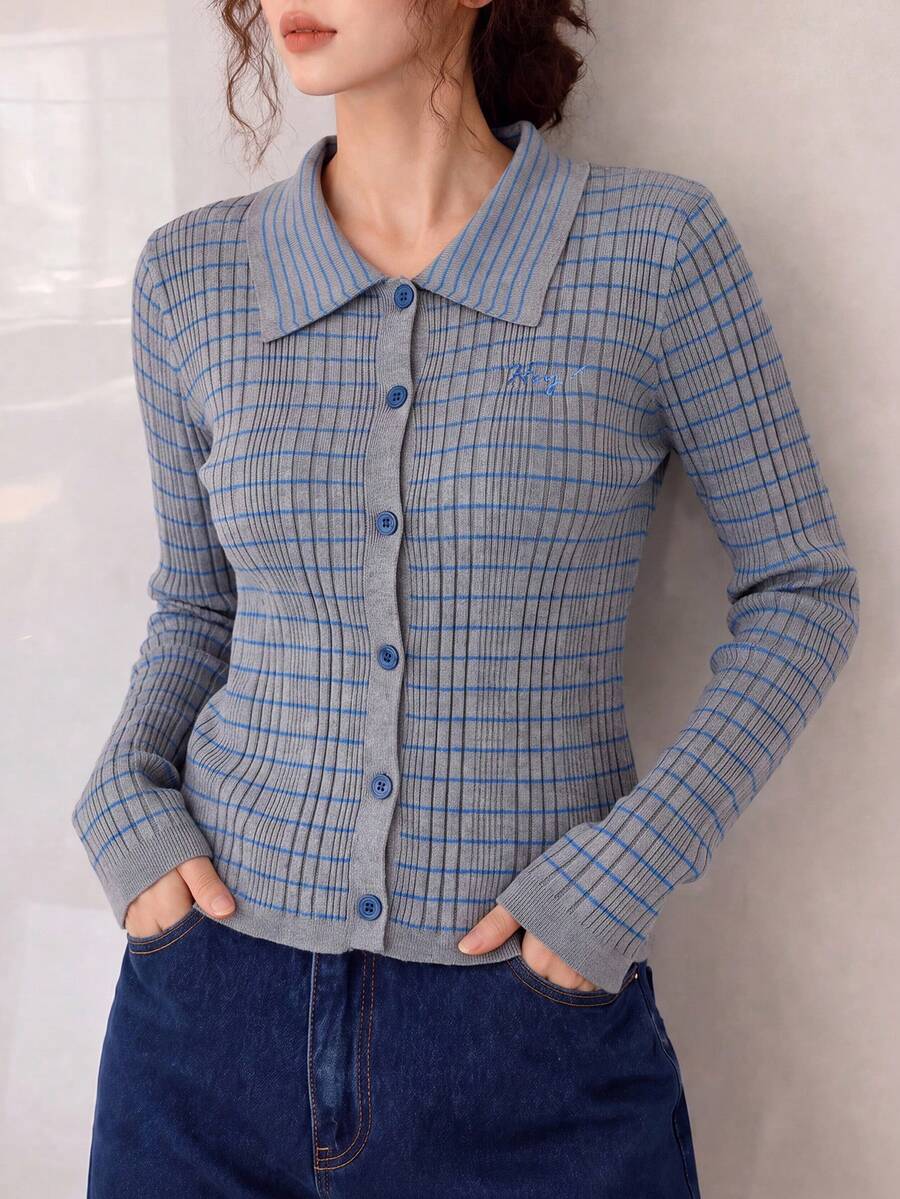 Women's Autumn Casual Personalized Thin Striped Collar Cardigan Knit Sweater - Light Grey - View 1