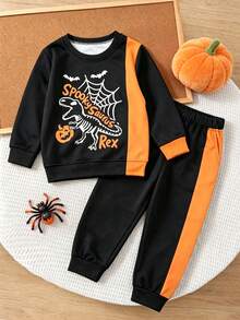Young Boys Halloween Pumpkin Dinosaur Spider Web Pattern Autumn/Winter Colorblock Crew Neck Sweatshirt And Sweatpants Set 2pcs - Black - View 3