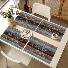 1/4/6pcs Autumn Series Blue & Brown Patchwork Distressed Wood Grain Pattern Printed Placemats, Heat Resistant Table Protector For Home Kitchen, Dining Table, Party Decor - Multicolor - View 12