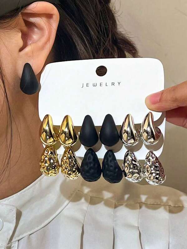 6/12PCS Fashionable Elegant Minimalist Personalized Women's Multi-Color Gold Silver Black Water Drop Teardrop Earrings Set Suitable For Women For Daily Wear, Travel And Outings
