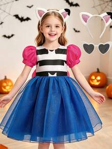 Halloween Carnival Easter Birthday Party Large Bow Ball Gown Cartoon Cat Print Cosplay Outfit Ruffle Sleeve Dress With Headband And Glasses - Blue - View 1