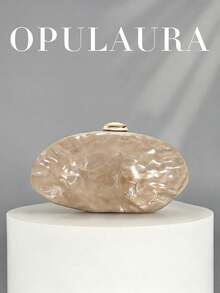 OpulAura 新款時尚不對稱金屬方盒手拿包，歐美風復古迷你方盒晚宴包，正式派對包，雞尾酒會錢包，舞會包，金色婚禮新娘肩背斜挎鏈條包 - 杏色 - 查看 1