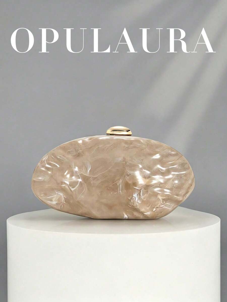 OpulAura 新款時尚不對稱金屬方盒手拿包,歐美風復古迷你方盒晚宴包,正式派對包,雞尾酒會錢包,舞會包,金色婚禮新娘肩背斜挎鏈條包 - 杏色 - 查看 1