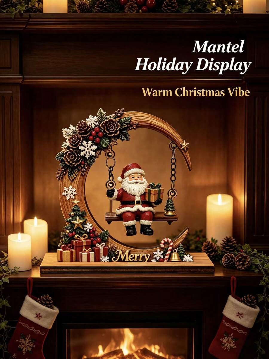 Christmas Crescent Moon Swing Santa Claus Ornament, Exquisite 3D Design With Gift, Bell And Snowflake Details, Suitable For Desktop And Window Display, Christmas Home Decor, Holiday Gift Decoration Craft - A - View 1