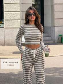 Women's Autumn Striped Ribbed Knit 2 Pieces Set, Crew Neck Slim Fit Long Sleeve Top And Low Waist Drawstring Flare Pants, Fashion Casual Outfit - Brown - View 1