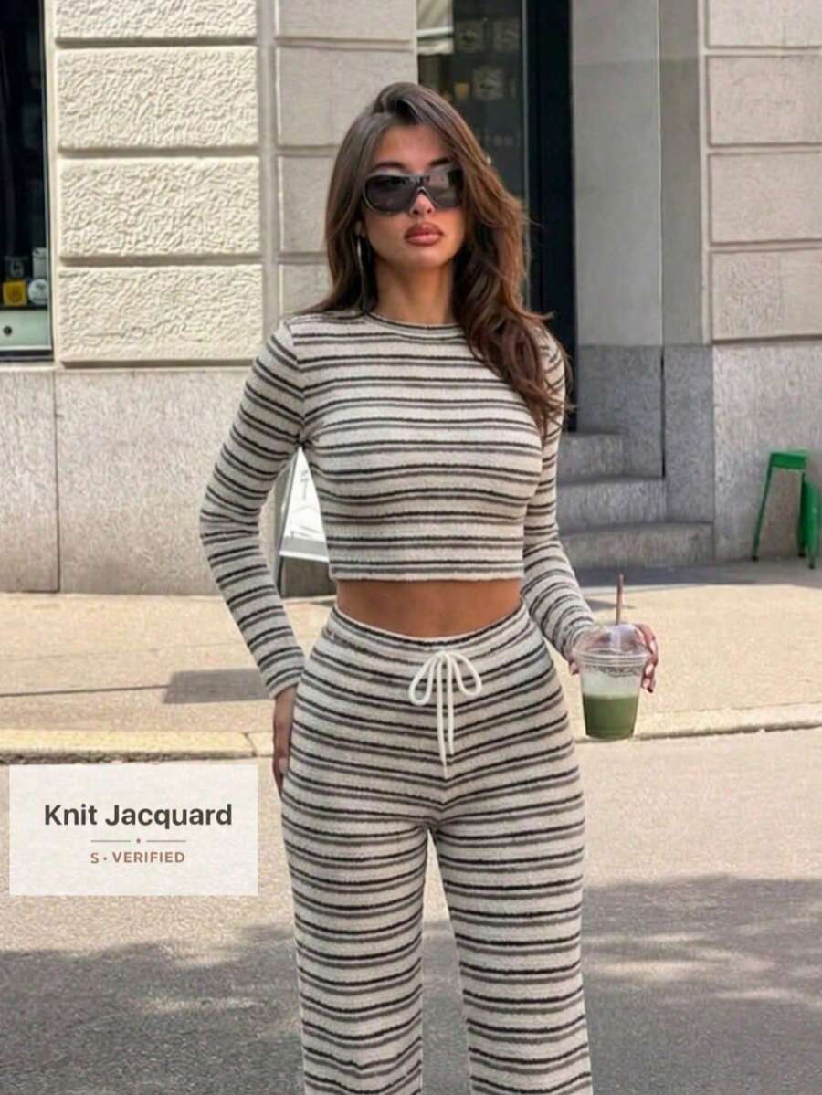 Women's Autumn Striped Ribbed Knit 2 Pieces Set, Crew Neck Slim Fit Long Sleeve Top And Low Waist Drawstring Flare Pants, Fashion Casual Outfit - Brown - View 1