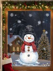 Self-Adhesive Snowman & Snowflake Wall Stickers, Removable PVC Plastic Decals With Cute Snowman, Red Scarf And Snowflakes, Asymmetrical Cut, Suitable For Doors, Mirrors, Peel And Stick Christmas Winter Decor - Multi-color - View 8