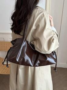 Cross-Border Korean Style Commuter Fashion New Large Capacity Pleated Drawstring Casual Minimalist Chic Shoulder Tote Bag - Coffee - View 3