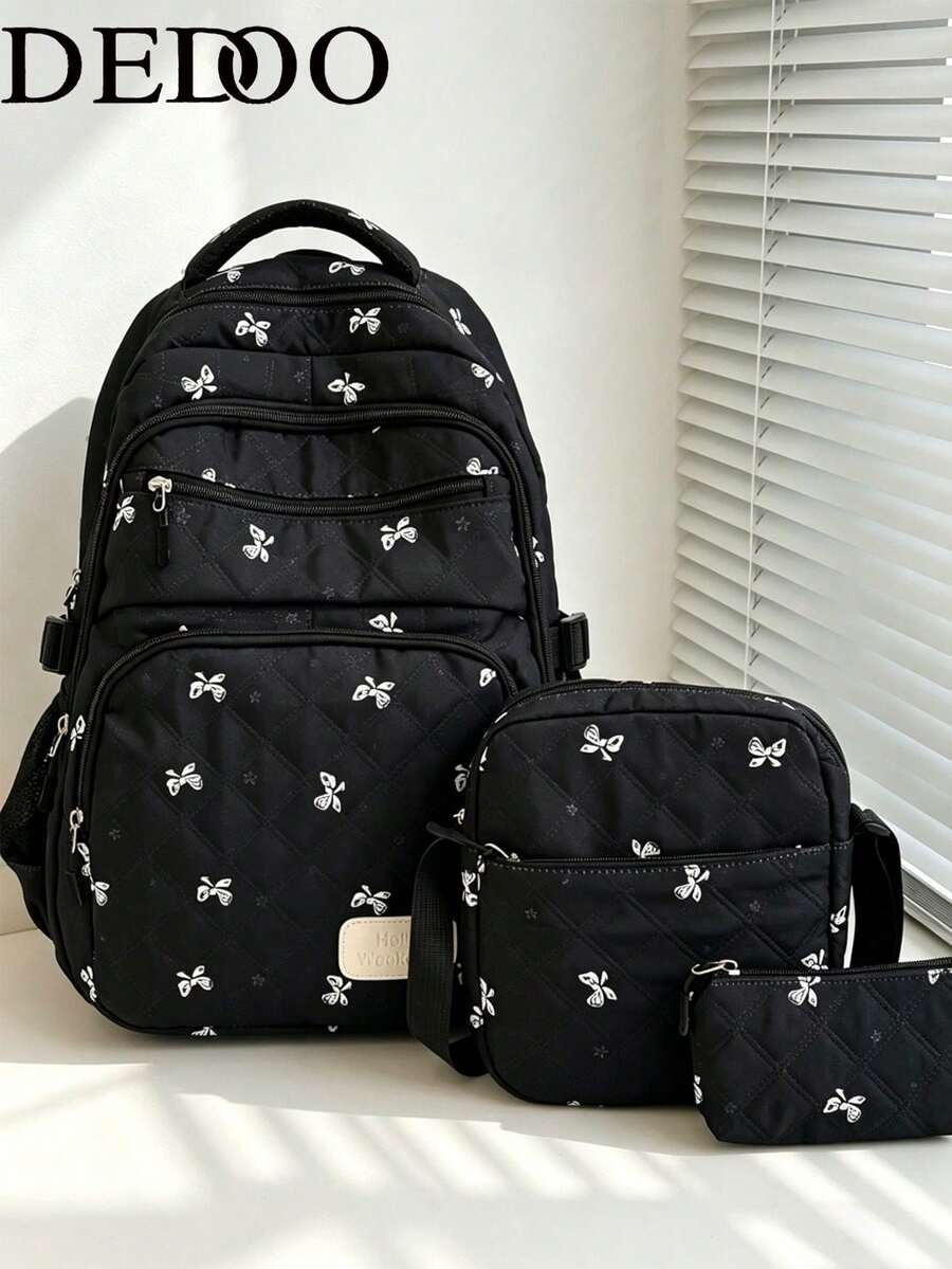 Dedoo Bowknot Print Multi-Pocket Foldable Waterproof Zipper Backpack, Large Capacity Student School Bag, Suitable For Teenagers, High School Students, College Students, Women Daily School Use (Random Small Tag)