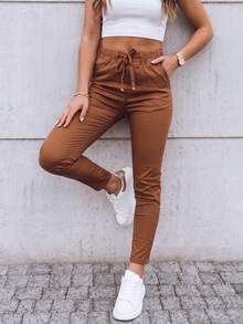 Women's Casual PU Leather Jogger Pants With Drawstring Waist, Comfortable Long Skinny Trousers With Pockets For Fall Outfits - Ginger - View 5