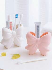 1pc White Bow Toothbrush Holder, Glossy 3D Bow Design, Modern Bathroom Countertop Storage Rack, Electric Toothbrush Stand, Minimalist Home Decor, Glossy Bow Decoration, Minimalist Bathroom Accessory, Clean Girl Style Decor - Multicolor - View 9