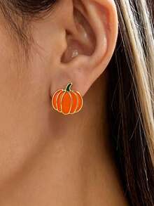 1 Pair Cute Pumpkin Shaped Stud Earrings, Halloween Enamel Exquisite Earrings, Autumn Thanksgiving Party Women Accessories (Without Card) - Style 3 - View 2
