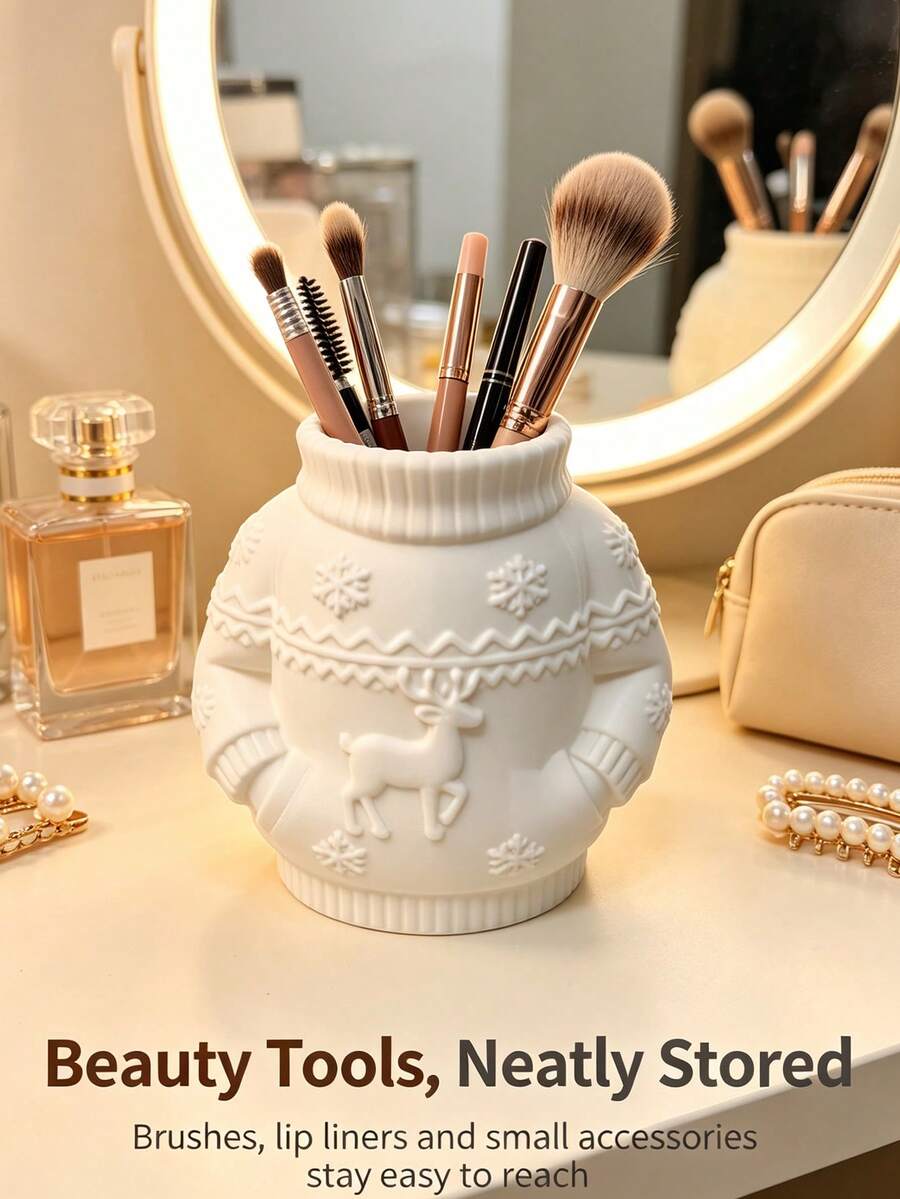 White Sweater Reindeer Desktop Storage Bucket, Christmas‑Style Embossed Makeup Brush Organizer Jar, Vanity Beauty Tool Holder, Holds Scissors Combs Small Trinkets, Vibe Storage Decor For Bedroom Bathroom - Multicolor - View 1