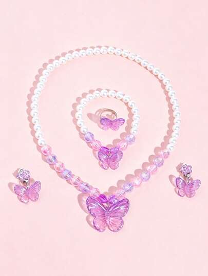 5pcs/Set Cute Butterfly Pearl Jewelry Set For Kids, Includes Necklace, Bracelet, Ring And Ear Clips, Suitable For Daily Wear And Holiday Gifts