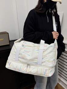 Travel Luggage Bag With 3D Diamond Quilted Embossed Texture, Colorful Line Print, Front Zipper Pocket For Quick Access To Small Items, Dual Short Hand Straps And Adjustable Long Crossbody Shoulder Strap, Suitable For Gym Training, Outdoor Trips, Short-Distance Travel And Luggage Storage - Beige - View 7