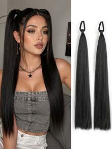 A Pair Of 18-Inch Long Straight Ponytail Wigs, With Elastic Hair Ties, Available In Multiple Colors, Suitable For Everyday Wear And Various Occasions. - Multicolor - View 7