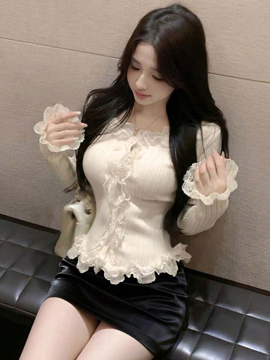 Women's French Lace Trim Long Sleeve Fitted Cardigan Sweater Fall - Apricot - View 1