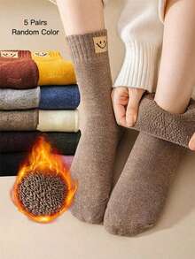 1/3/5/10 Pairs Women's Thick Fleece Socks, Warm Winter Socks, Plus Size Thick Fleece Socks, Random Solid Color, Autumn, Halloween, Christmas, Winter, Fuzzy Socks - Multi-color a - View 1