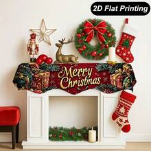 1PC 2D Flat Christmas Merry Christmas Table Runner, Vintage Red Background Gift Box & Pine Branch Holiday Photography Decor, Holiday Family Gathering Atmosphere Decoration, Home Desktop Art Decor, Garden Outdoor Decor, Indoor & Outdoor, Polyester - Multicolor - View 4