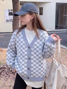Girls' & Teens' Vintage Plaid Long Sleeve Knit Cardigan, Loose Fit Versatile Outerwear Sweater Top - Grey - View 4