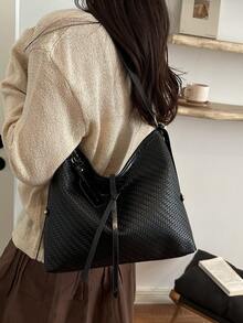 Women's Large Capacity Shoulder Bag, Woven Pattern Commuter Versatile Tote Bag With Decorative Charm - Black - View 5