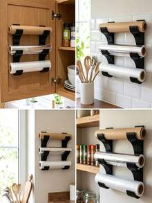 Kitchen Paper/Plastic Wrap/Aluminum Foil Wall-Mounted Holder, Storage Rack (Accommodates Rolls With Diameter Of 50Mm Or Less), Organizing Scattered Tools,Space-Saving, (Includes Adhesive Tape) No-Drill Installation, Creating A Tidy Kitchen - Multicolor - View 6