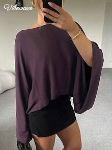 VIBEWAVE Batwing Sleeve Loose Lightweight Cape-Style Cinched Waist T-Shirt Casual Design Cape Top - Purple - View 1