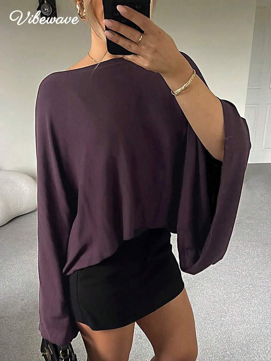 VIBEWAVE Batwing Sleeve Loose Lightweight Cape-Style Cinched Waist T-Shirt Casual Design Cape Top - Purple - View 1