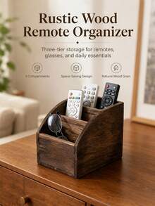Solid Wood Remote Control Organizer Box | Retro Multi-Compartment Bedside Cabinet Storage Box For Living Room Desktop, Multipurpose Use, Shelf Baskets - Multicolor - View 1