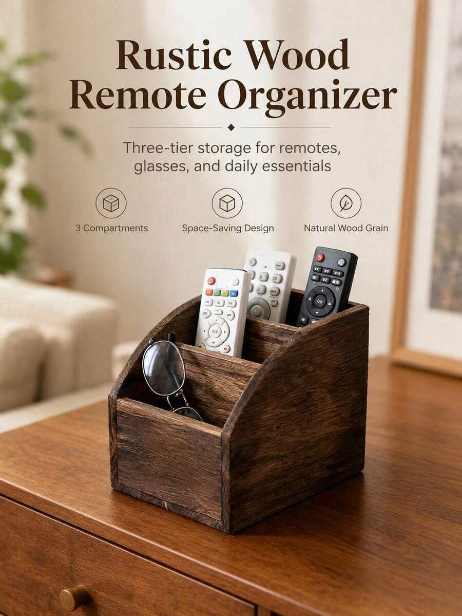 Solid Wood Remote Control Organizer Box | Retro Multi-Compartment Bedside Cabinet Storage Box For Living Room Desktop, Multipurpose Use, Shelf Baskets - Multicolor - View 1