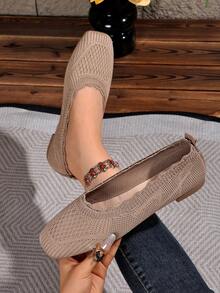 Women's Square Toe Knit Slip-On Shoes, Breathable Soft Sole Granny Shoes, Lightweight Comfortable Commuter Versatile Flat Shoes - Khaki - View 15