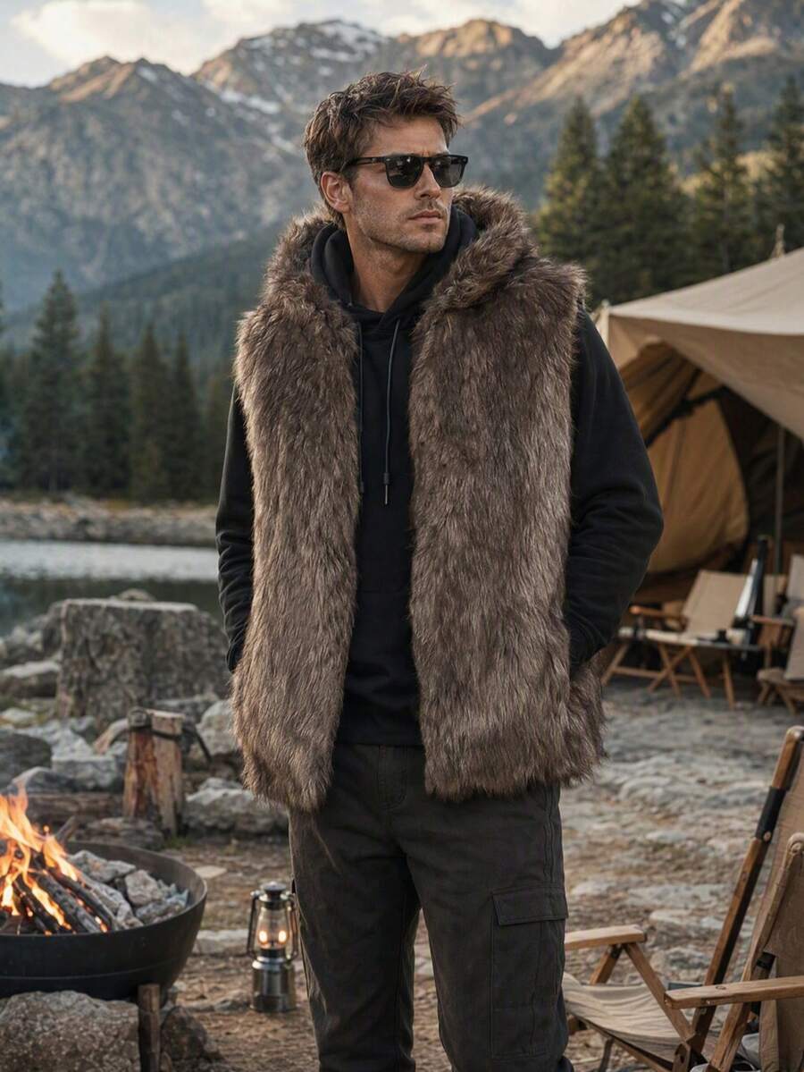 Men's Hooded Faux Fur Vest Jacket, Simple Fashion Casual Daily Wear - Dark Grey - View 1