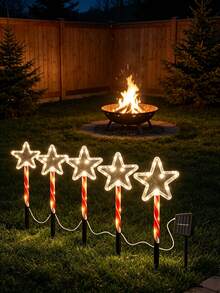 1 Set 5‑In‑1 Solar Powered Christmas Star Stake Lights, Candy Cane Pole LED Lawn Lights, Outdoor Waterproof Festive Accent Lamps For Garden Path, Porch, Yard, Xmas Party Scene Layout - Multicolor - View 5