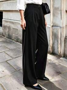 Celana Panjang Wanita Model Lurus Bahan Polyester, Dekorasi Kancing, Tidak Melar, Tidak Transparan, Cocok untuk Acara Formal Musim Gugur, Hitam - Hitam - View 4