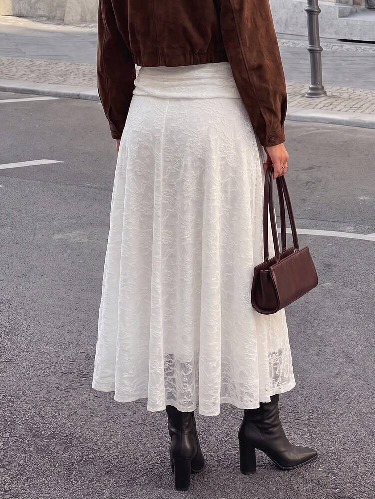 Women's Gentle Elegant Elegant Vacation Style Jacquard Pleated High Waist Umbrella Hem Skirt - White - View 5