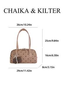 CHAIKA & KILTER 1件女款拼色麂皮布料單肩包，復古時尚啞光保齡球包，滿版波點圖案，拼色絎縫縫線，雙手柄設計，拉鍊開合，適合日常與街頭穿搭（附吊飾） - 卡其色 - 查看 3
