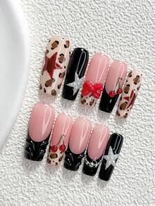10pcs Kuku Tempel Buatan Tangan Gaya Manis dan Keren, Set Manikur Poly Gel, Motif Bintang, Pita, dan Ceri, Palet Warna Merah, Hitam, dan Cokelat, Desain Modis, Termasuk Alat Manikur, Tersedia 3 Ukuran, Bentuk Almond/Bebek/Peti, Cocok untuk Pesta, Dansa, dan Pemakaian Sehari-hari - MultiWarna - View 19