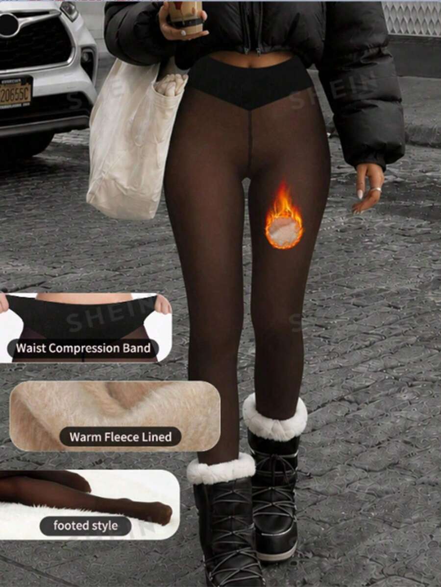 Nuevas mallas de mujer de 220g con cintura alta y alta elasticidad, moldeadoras y cálidas, leggings sexys de efecto transparente y adelgazantes, cálidas y cómodas para el invierno - Marrón Chocolate - Ver 1