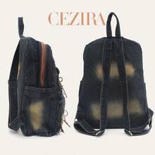 CEZIRA Ransel Denim Cuci CR Vintage Y2K, Lembut & Bernapas, Kapasitas Besar, Ransel Retro untuk Pelajar, Perjalanan, Aktivitas Luar Ruangan, Penggunaan Sehari-hari, Desainer Fesyen - Navy Blue - View 4
