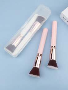 2pcs Makeup Brush Set With Portable Storage Box, 1pc Flat Head Foundation Brush + 1pc Angled Contour Brush, Combination Use For Beginners/Makeup Artists - Multicolor - View 5