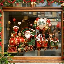 1/2pcs Christmas Train Window Decal, Retro Christmas Train Scene, 2027 Balloon Snowflake Design, Vinyl Reusable, Suitable For Home Store Window Glass Doors, Winter Festival Decoration - Multicolor - View 2