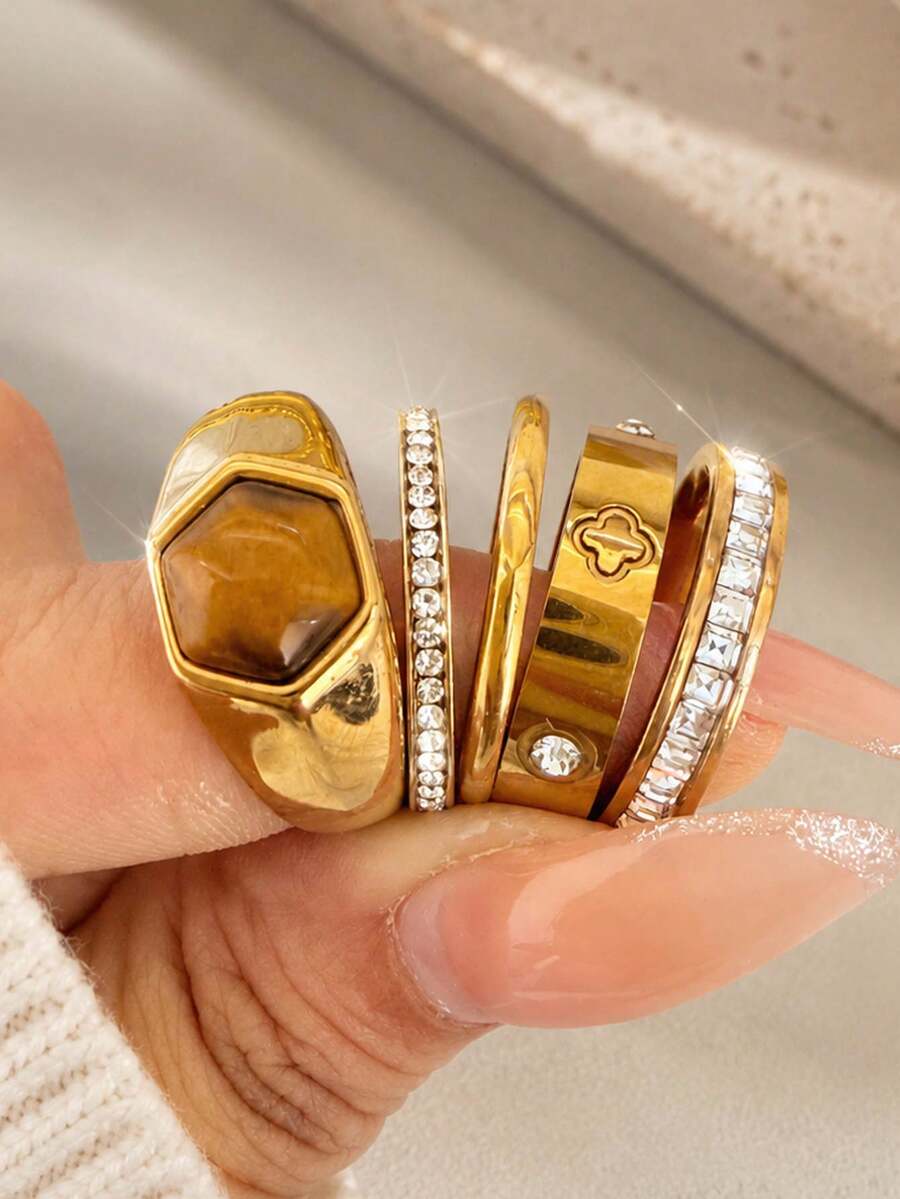 5pcs/Set Women's Premium Stackable Geometric Natural Stone Ring Set, Daily Commute, Halloween/Christmas Gift For Friends And Family