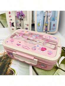 SANRIO 1pc Hello Kitty Authentic Melody & Cinnamoroll Large Capacity Cartoon Bento Box Set, Includes DIY Stickers, Cute Kuromi Microwave- Lunch Box, Adorable Meal Prep Container - Multicolor - View 8