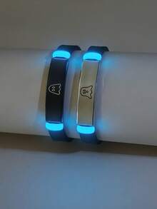 ATLVXJL 2pcs/Set Glow-In-The-Dark Couple/Friendship/Family Square Pendant Cute Devil Pattern Silver & Black Stainless Steel Silicone Bracelet Set, Casual Jewelry Bracelet For Daily Wear And Halloween/Valentine's Day Gift - Multicolor - View 3